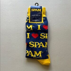 SPAM Branded Navy & Yellow Crew Socks with Red Heart Accent